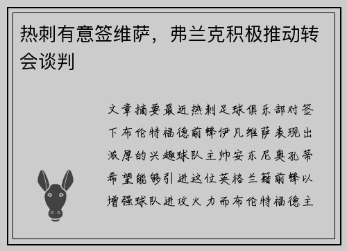 热刺有意签维萨，弗兰克积极推动转会谈判
