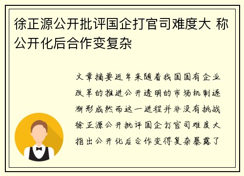 徐正源公开批评国企打官司难度大 称公开化后合作变复杂